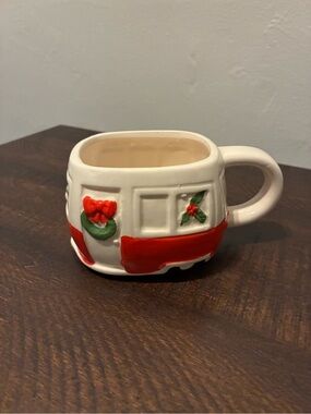 Cream Ceramic Camper-Shaped Mug with Red Holiday Accents